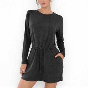 KonaK Charcoal Long Sleeve Mini Dress Cinched Waist Pockets Petite Small P/S